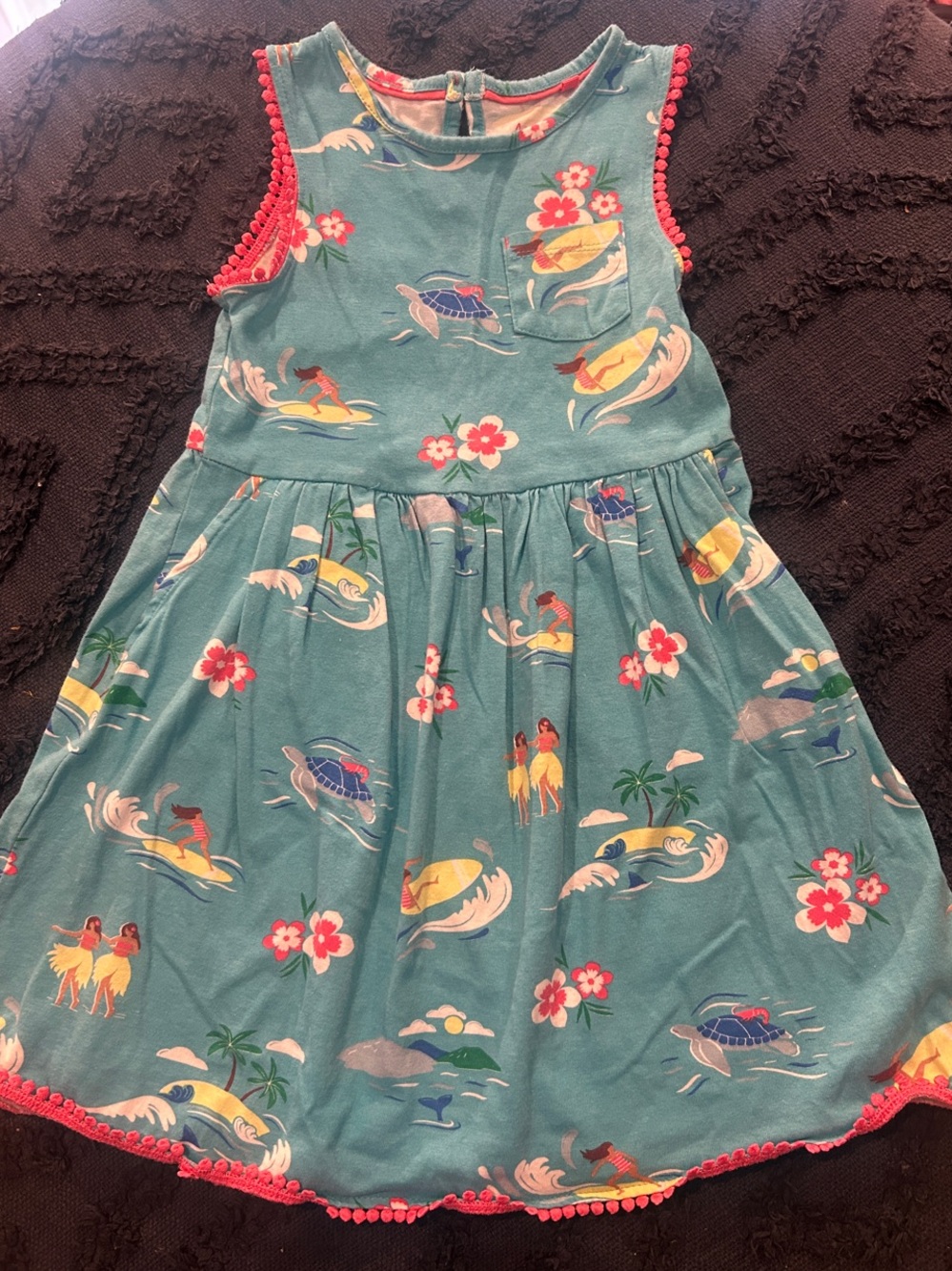 Mini Boden Teal Tropical Print Dress with Pink Trim